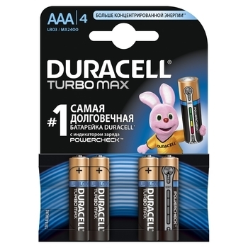 

Батарейки Duracell TurboMax AAА 1.5V LR03, 4 шт. (81480378)