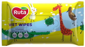 Влажные салфетки Ruta Selecta Веселые зверята, с экстрактом алоэ, 60 шт. - Pampik