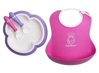 Подарок! Набор из ложки и вилки + нагрудник BabyBjorn Feeding Set, розовый и фиолетовый (78046) - Pampik