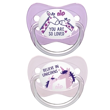 Пустушка Nip Моя сім'я №1 Жирафи і єдинороги, 0-6 міс., світло-рожевий з бузковим, 2 шт. (31003) - Pampik