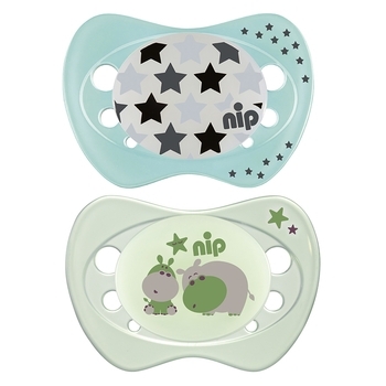 Пустышка Nip Ночной сон №2 Бегемоты и звезды, 5-18 мес., бирюзовый с зеленым, 2 шт. (31310) - Pampik