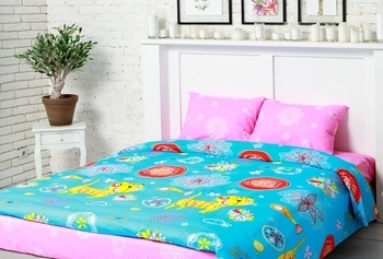 Комплект постельного белья Руно Желтый Кот, бязь, голубой с розовым (1.116) - Pampik