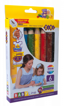 Олівці кольорові 3 в 1 ZiBi Super Jumbo Baby Line, з підстругачкою, 6 шт. (ZB.2453) - Pampik