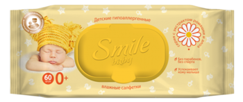Вологі серветки Smile Baby з екстрактом ромашки і алое, 60 шт. - Pampik