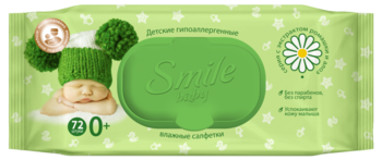 Вологі серветки Smile Baby, з екстрактом ромашки і алое, 72 шт. - Pampik
