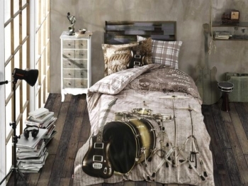 Комплект постельного белья Hobby Poplin Rock Music, поплин, 220х160 см, серый с бежевым (41087_1,5) - Pampik