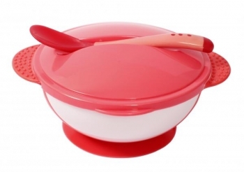 Тарелка на присоске Lindo, с термоложкой, 250 мл, красный (А 50 красный) - Pampik