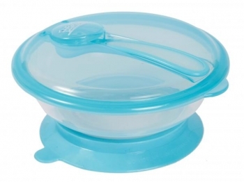 Тарілка на присоску Lindo, з кришкою і ложкою, синій (PK 037 син) - Pampik