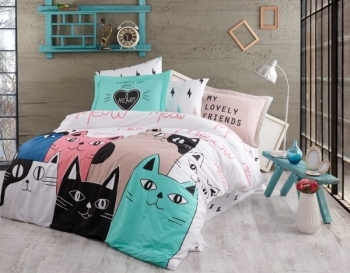 Комплект постельного белья Hobby Poplin Love Cats, поплин, 220х160 см, розовый (44774_1,5) - Pampik