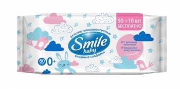 Вологі серветки Smile Baby, з рисовим молочком, 60 шт. - Pampik