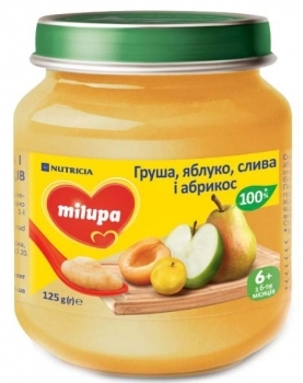 Фруктовое пюре Milupa Груша, яблоко, слива и абрикос, 125 г - Pampik