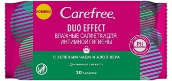 Вологі серветки для інтимної гігієни Carefree Duo Effect, c зеленим чаєм і алое вера, 20 шт. - Pampik - 2