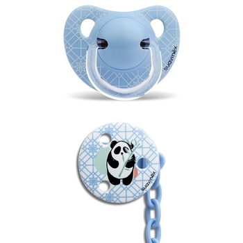 Пустушка силіконова і ланцюжок Suavinex Історії панди, 6-18 міс., блакитний (304025) - Pampik