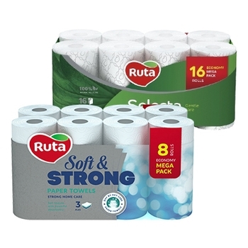 

Набор Ruta: бумажные полотенца Soft Strong, 8 рул. + туалетная бумага Selecta, 16 рул.