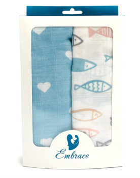 

Многоразовая пеленка Embrace Сердечки и рыбки, муслин, 100х80 см, белый с голубым, 2 шт.