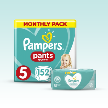 

Набор Pampers: подгузники-трусики Pampers Pants 5 (12-17 кг), 152 шт. + влажные салфетки Sensitive, 104 шт. (2 уп. по 52 шт.)