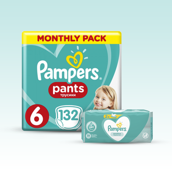 

Набор Pampers: подгузники-трусики Pampers Pants 6 (15+ кг), 132 шт. + влажные салфетки Sensitive, 104 шт. (2 уп. по 52 шт.)