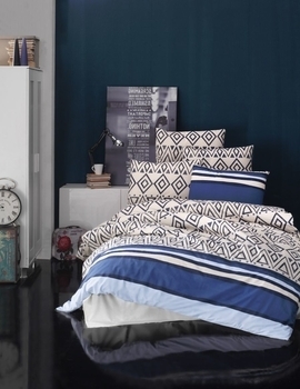 Комплект постельного белья LightHouse Alan, ранфорс, 220х200 см, молочный с синим (7829_2.0LH) - Pampik