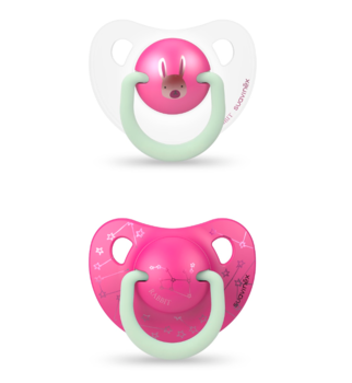 Пустушка анатомічна Suavinex Зайчик, 6-18 міс., нічна, малиновий з білим, 2 шт. (306807) - Pampik