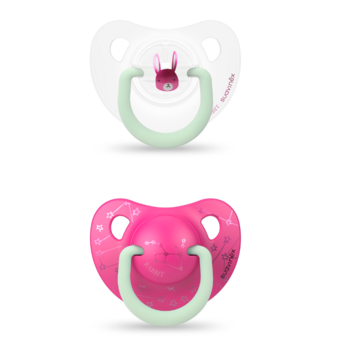 Пустушка анатомічна Suavinex Зайчик, 0-6 міс., нічна, малиновий з білим, 2 шт. (306799) - Pampik