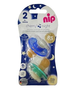 Круглая пустышка Nip Вишенка Ночь, 6+, голубой с зеленым, 2 шт. (91011) - Pampik