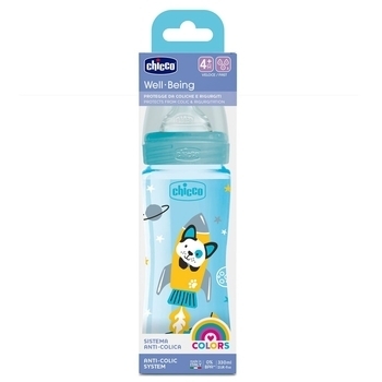 Пляшечка для годування Пластикова Chicco Well-Being Physio Colors з силіконовою соскою, 4м+, 330 мл, блакитний (28637.20) - Pampik - 4