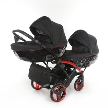 Універсальна коляска для двійні 2 в 1 Junama Diamond Individual Duo Slim 01, чорний на червоній рамі (JD-IN-DUOs-01) - Pampik