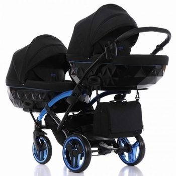 Універсальна коляска для двійні 2 в 1 Junama Diamond Individual Duo Slim 02, чорний на синій рамі (JD-IN-DUOs-02) - Pampik