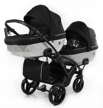 Універсальна коляска для двійні 2 в 1 Junama Mirror Satin Duo Slim 01, чорний з сріблястим (J-MS-DUOs-01) - Pampik