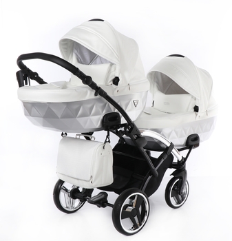 Універсальна коляска для двійні 2 в 1 Junama Mirror Satin Duo Slim 04, білий з сріблястим (J-MS-DUOs-04) - Pampik