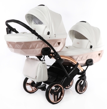 Універсальна коляска для двійні 2 в 1 Junama Mirror Satin Duo Slim 05, білий з бронзовим (J-MS-DUOs-05) - Pampik