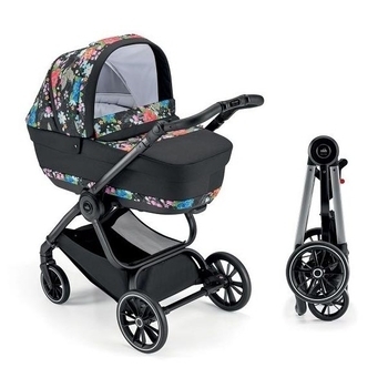 Універсальна коляска 2 в 1 Cam Techno Milano, рама срібло, чорний з квітковим принтом (805T/V94/978/551K) - Pampik