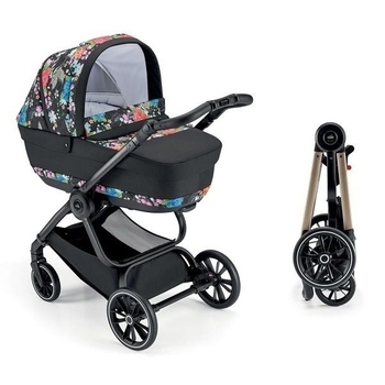 Универсальная коляска 2 в 1 Cam Techno Milano, рама золото, черный с цветочным принтом (805T/V93/978/551K) - Pampik