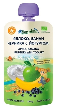 Пюре Fleur Alpine Яблоко-банан-черника с йогуртом, 120 г - Pampik