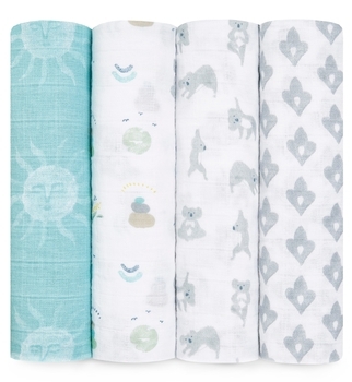 Набор муслиновых пеленок Aden + Anais Now + Zen, 120х120 см, белый, бирюзовый, 4 шт. (ASWC40012) - Pampik