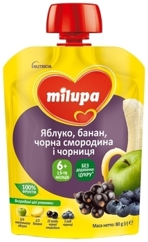Подарунок Фруктове пюре Milupa Pouch Яблуко, банан, чорна смородина і чорниця, 80 г - Pampik