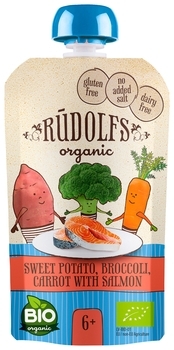 Пюре Rudolfs Pouch Батат, броколі та морква з лососем, 110 г - Pampik