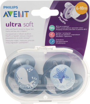 Силіконова ортодонтична пустушка Philips Avent Ultra Soft, 6-18 міс., блакитний, 2 шт. (SCF223/03) - Pampik - 2