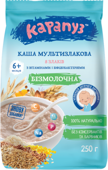 Безмолочна мультизлакова каша Карапуз 8 злаків з біфідобактеріями і вітамінами, 250 г - Pampik