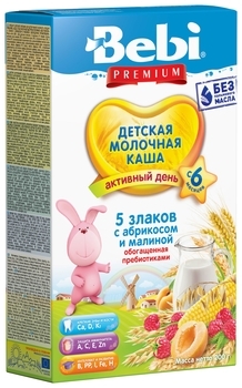 Молочна каша з пребіотиками Bebi Premium 5 злаків з малиною і абрикосом, 200 г - Pampik
