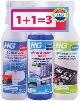 Набор HG Средство для удаления жира 500 мл, известнякового налета 500 мл + спрей для стекла 500 мл - Pampik