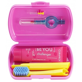 Дорожній набір для догляду за ротовою порожниною Curaprox Travel Set Pink: Розкладна щітка CS5460 Ultra Soft + Зубна паста Be You 10 мл + Йоржики + Тревел-кейс - Pampik