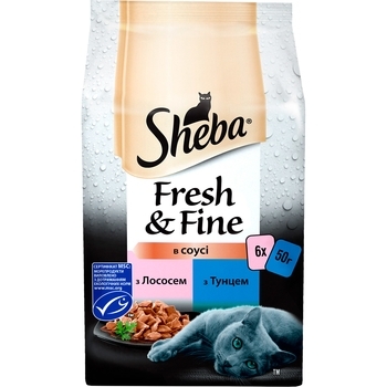 Вологий корм для кішок Sheba Fresh & Fine Рибний мікс, з лососем та тунцем, 300 г (6 уп. по 50 г) - Pampik
