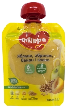 Фруктовое пюре Milupa Яблоко, банан, абрикос и злаки, 80 г - Pampik