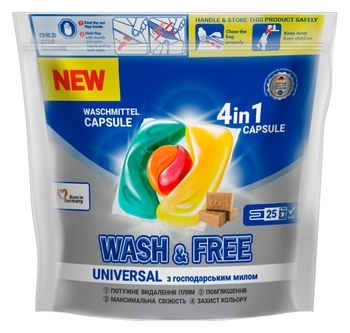 Капсули для прання Wash & Free зі стружкою господарського мила, 25 шт. - Pampik