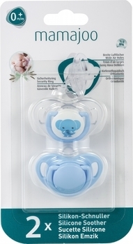 Силиконовая ортодонтическая пустышка Mamajoo Слоник, 0-6 мес., голубой с белым, 2 шт. (MMJ3015) - Pampik
