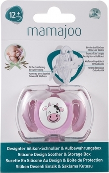 Силіконова ортодонтична пустушка Mamajoo Корівка, 12+ міс., рожевий з білим (MMJ3251) - Pampik