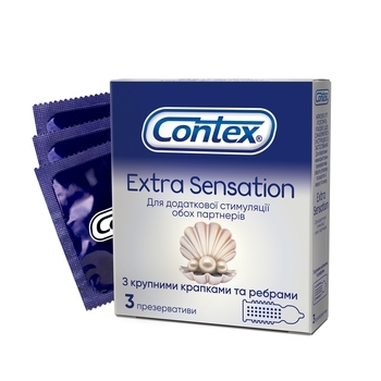 Презервативи латексні з силіконовою змазкою Contex Extra Sensation, з великими точками та ребрами, 3 шт. - Pampik