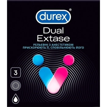 Презервативи латексні із силіконовим мастилом Durex Dual Extase, рельєфні з анестетиком, 3 шт. - Pampik - 6