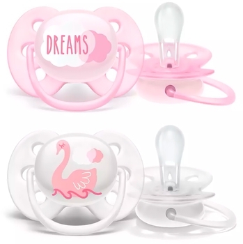 Силиконовая ортодонтическая пустышка Philips Avent Ultra Soft, 0-6 мес., розовый с белым, 2 шт. (SCF222/02) - Pampik - 2
